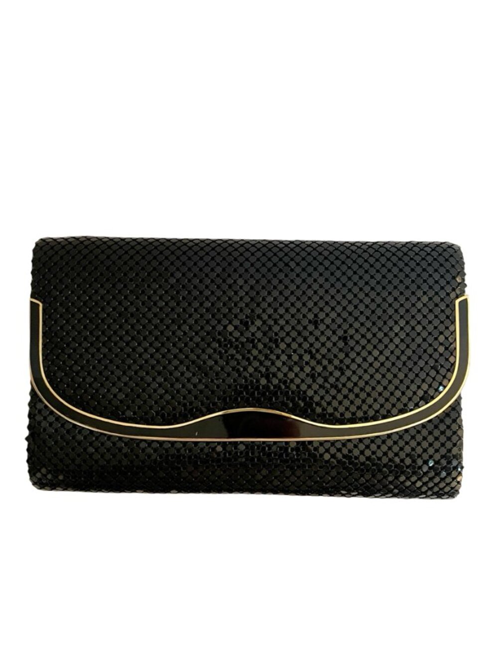 Vintage Black Metal Mesh Evening Clutch Bag Gold Tone Trim Crossbody